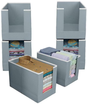 CEREVEL Pack of 6 Non Woven Large Capacity Shirt Stacker Cloth Storage Foldable & Stackable Cupboard Wardrobe/Closet Organizer with Handle For T-shirts, Shirts and Clothes(Grey)