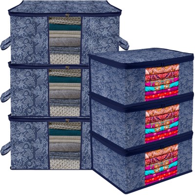 KUBER INDUSTRIES Saree & Underbed Storage Combo Flower Print 3 Pieces Saree & 3 Pieces Underbed Storage Bag|Set of 6|Navy Blue Cloth Storage(Navy Blue)