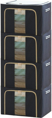NESTIFY Storage Box For Clothes PACK OF 4 Wardrobe Clothes Organizer 66 Liter Foldable Steel Frame Clothes Organizer Cloth Storage Box Organizer Box With Zipper,Clear Window and Handle Saree Cover Bag Clothes Storage Organizer(Blue)