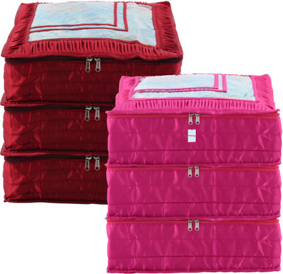 HOMESTIC by Kuber Industries Saree Cover Frill Top Window Satin Saree Bag for Lehenga|6 Inch|Pack of 6|Maroon & Rani Cloth Storage(Maroon & Rani)