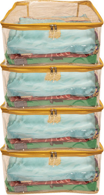 Ajabh High Quality Set Of 4 Pieces Multipurpose Plain Transparent Saree Cover Garment Cover Bag | Clothes Cover | Wardrobe Storage Organizer(Gold)