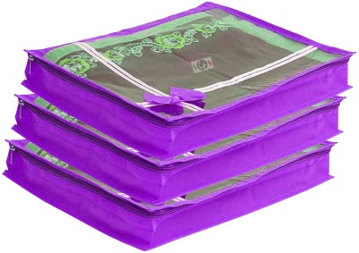 S4S High Quality 80 GSM Transparent Top Stainless Steel Zip Non Woven Single Saree Cover/Wardrobe Organizer/Storage Bag Pack of 3 (17X13X3 INCH)(Purple)