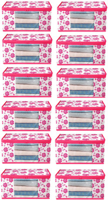 Hitvik Non-Woven Fabric Storage Bag Pink Floral Clothes Storage Bag - Pack of 12 Saree, Blanket, Wardrobe Organizer Box(Pink)