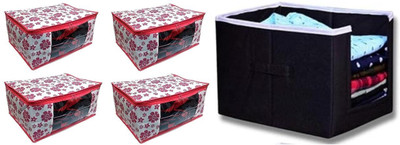 AQSA ENTERPRISE Floral Printed Saree Cover Storage Bag with Transparent Window | Foldable Clothes Organizer for Wardrobe | Non-Woven Fabric Saree/Cloth Pink Floral Print Saree Cover-P4_Shirt Stacker Black-P1(Pink, Black)
