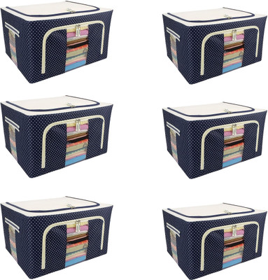 NESTIFY Storage Box For Clothes PACK OF 6 Wardrobe Clothes Organizer 66L Foldable Steel Frame Clothes Organizer Cloth Storage Box Organizer Box With Zipper,Clear Window and Handle Saree Cover Bag Clothes Storage Organizer(Blue)