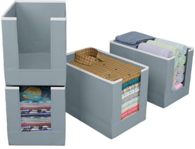 Anany Foldable Non-Woven Fabric Shirt Stacker Storage Box Organizer with Handle for Wardrobe, Closet, Underbed Use Durable, Dust-Proof, Stackable Cloth Storage Bin 4 Pieces(Grey)