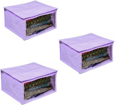 SUNVIKA House Non Woven Fabric Cloth Cover Organiser Extra Large Saree Cover/Clothes Organiser for Wardrobe Set with Transparent Window Pack of 3(Purple)