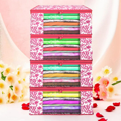 HOMESTIC by Kuber Industries Saree Cover (Pack of 4) Foldable 9 Inch Leaf Print Non-Woven Saree Covers | Pink Cloth Storage(Pink)