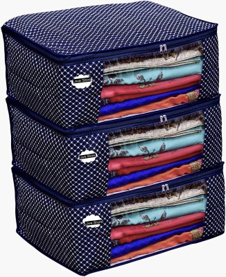 Love Store Present Set of 3 Cotton Quilted 3 Layered Foldable Saree Covers / Clothes Storage Bag / With Transparent Window And Zip Lehenga, Suit, Dress,& Accessories (Navy Blue)(Navy Blue)