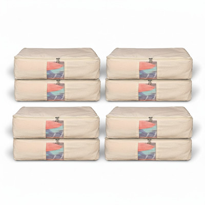 Nature Maa Eco Friendly Wardrobe Organizer Bag | Pure Cotton Canvas Storage Box (18 x 16 x 4.5 in) Saree Cover with Zip Ideal for Quilts, Dresses, Trousers, & Lehengas PACK OF 8(Beige)