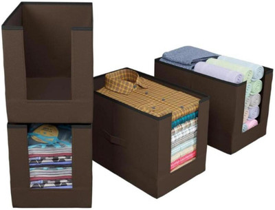 CEREVEL Multipurpose Non Woven Large Capacity Shirt Stacker Cloth Storage Foldable & Stackable Cupboard Wardrobe/Closet Organizer with Handle For T-shirts, Shirts and Clothes 4 Pieces(Brown)
