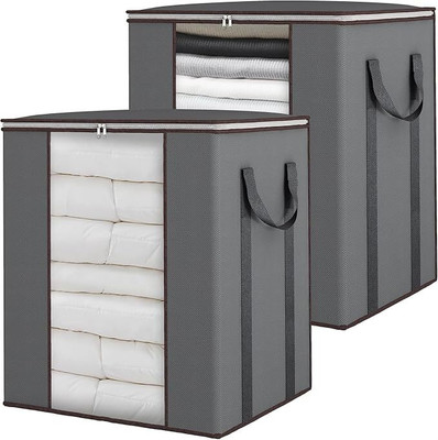 farhan bags Extra Large Blanket Storage Bags 90L Dustproof Transparent Window Pillow Sheet Foldable Clothes Storage Organizer Container Reinforced Handles Breathable For Double Bed Quilt, Saree Bag, Lehnga Storage & Wardrobe Organizing | Combo of 2(Grey)