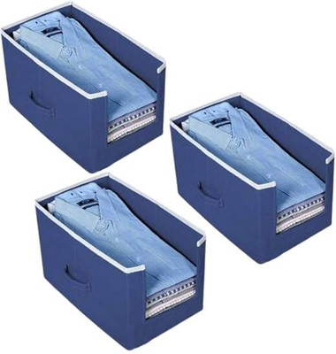 ZENCRAFT Open Front Non-Woven Fabric Shirt Stacker Organiser | Large Foldable Cloth Storage Box with Handle for Wardrobe T-Shirts, Shirts, Jeans, Sweaters, and More Pack of 3(Blue)