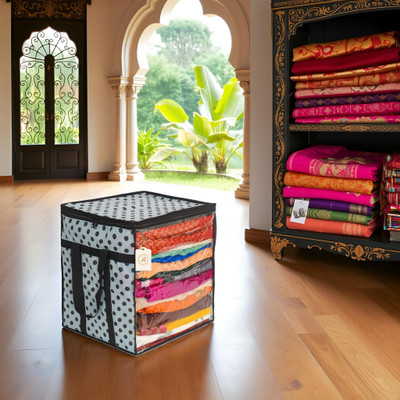AMAK INC Polka Dot Non-Woven Saree Cover Storage Box with Transparent Window & Dual Zipper | Foldable Cloth Organizer for Wardrobe (90 GSM, Large, Pack of 1 SFXF654 Luggage Cover(Non-Woven Fabric (90 GSM), White, Black)