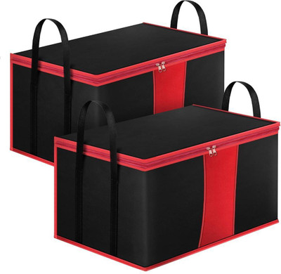 Anany Pack of 2 Large Foldable Storage Bags with Zipper for Clothes & Sarees Durable Non Woven Clothes Organiser with Handles Multipurpose Organizer Blanket Storage Bag for Wardrobe, Travel & Home(Red & Black)