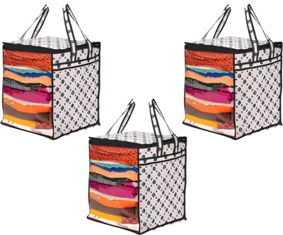 UjalaMultipack Saree Cover with Front Window and Side Handle and Side Handle |Stackable Clothes Storage Organizer PACK OF 03(BLACK DOT)