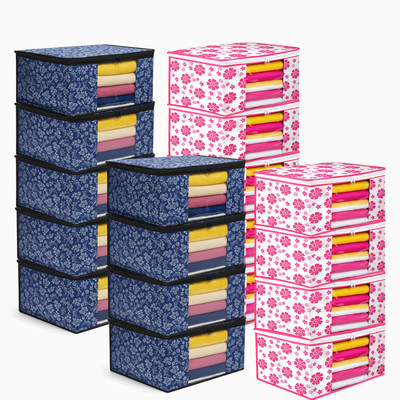 MERAO Foldable Saree Cover Bags Set of 18 || Printed Saree & Cloth Storage Organizers(Blue, Pink)