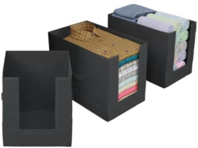 Anany Foldable Non-Woven Fabric Shirt Stacker Storage Box Organizer with Handle for Wardrobe, Closet, Underbed Use Durable, Dust-Proof, Stackable Cloth Storage Bin Set of 3(Black)