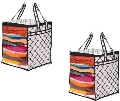 UjalaMultipack Saree Cover with Front Window and Side Handle and Side Handle |Stackable Clothes Storage Organizer PACK OF 02(BLACK DOT)