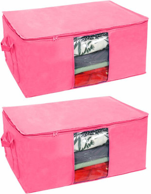 Sameer Enterprises Set of 2 Non Woven Underbed Storage Bag with Handles, Clear Window & Zipper Lock | Quilt, Comforter & Blanket Cover Organiser | Foldable Cloth Storage Closet Bag (65x47x33cm, Pink) Pack Of 2(Pink)