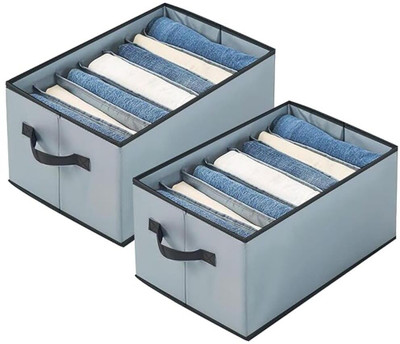 Anany Foldable 7-Grid Wardrobe Organizer Box for Jeans, Pants, Trousers, T-Shirts & Clothing – Non-Woven Fabric Cloth Storage Basket with Compartments, Handle & Divider for Cupboard, Drawer & Closet Use Set of 2(Grey)