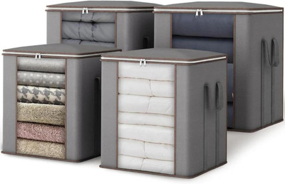 IMCREATIONS Set of 4 Non-Woven Large Blanket Storage Bags 120L Dustproof Transparent Window Foldable Clothes Storage Organizer For Double Bed Quilt/Saree Bag/Lehnga Storage & Wardrobe Organizing(Grey)