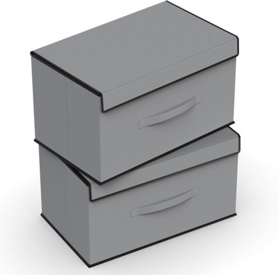 Mteaser Non-Woven Multipurpose Foldable Storage Box Wardrobe Closet Organizer Stackable Basket/Bins with Lid & Side Handle for Clothes, Toys, Books Pack of 2(Dark Grey)