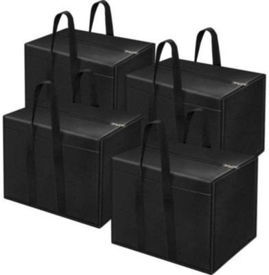Anaaya Craft Moisture-Proof Foldable Storage Bag with Zipper & Handle Set of 4(Black)