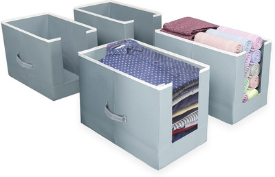 Hoomora Foldable Non-Woven Shirt Stacker Organizer Box / Shirt Stacker Cover Front Open Cloth Storage Box Wardrobe Shirt Organizer Storage Box (Pack of 4)(Grey)