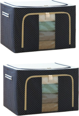 Prashwe Pack of 2 Clothes Organizer|66 Liter|Clothes Storage Box|Foldable Steel Frame Fabric Storage Bag|Saree, Shirts and Blankets(Blue Dot)