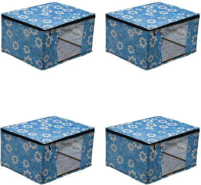 bapu creation 100 gsm white flower with blue background sari cover packof4(Blue)