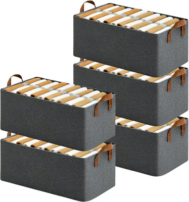 NESTIFY Wardrobe Organizer for Clothes with Metal Frame Rectangle Storage Baskets for Clothing Fabric Storage Box with Handles Shelf Basket for Storage Clothes Pants Jeans Sweater ORGANIZER BOX Pack of 5(Grey)
