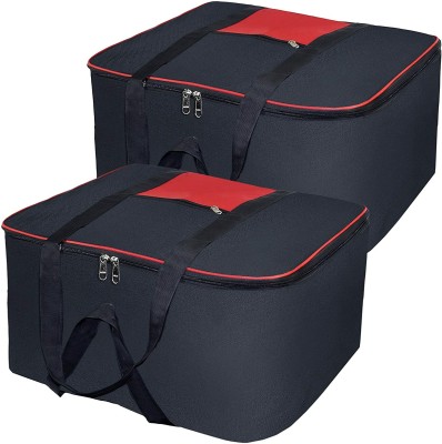 Crownsy Nylon Rectangullar Underbed Storage Bag Multi Purpose Foldable Big Underbed Storage Bag, Blanket Storage Bag Cloth Storage Organizer Blanket Cover with Handles Pack Of 2 Black Mix Red(Black Mix Red)