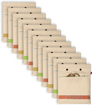 Knots Of Love Saree Cover Cotton Saree Storage Bags Set of 12 – Big Size 16x14 Inches | Button Closure + Extra Zipper Pocket | Transparent Mesh Window | Reusable Wardrobe Organizer(Beige)