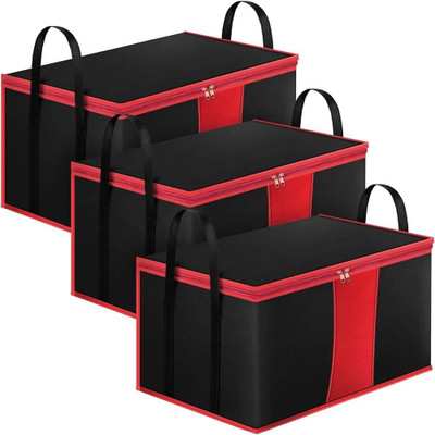 Anany Pack of 3 Large Foldable Storage Bags with Zipper for Clothes & Sarees Durable Non Woven Clothes Organiser with Handles Multipurpose Organizer Blanket Storage Bag for Wardrobe, Travel & Home(Red & Black)