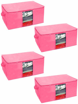 Sameer Enterprises Set of 4 Non Woven Underbed Storage Bag with Handles, Clear Window & Zipper Lock | Quilt, Comforter & Blanket Cover Organiser | Foldable Cloth Storage Closet Bag (65x47x33cm, Pink) Pack Of 4(Pink)