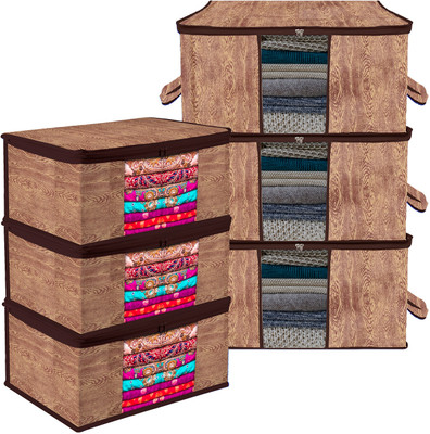 KUBER INDUSTRIES Saree & Underbed Storage Combo Wooden 3 Pieces Saree & 3 Pieces Underbed Storage Bag Combo Set|Set of 6|Brown 75KM13654(Brown)