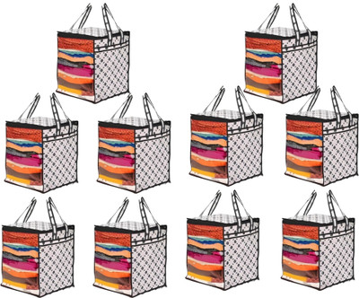 UjalaMultipack Saree Cover with Front Window and Side Handle and Side Handle |Stackable Clothes Storage Organizer PACK OF 10(BLACK DOT)