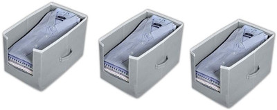 ZENCRAFT Open Front Non-Woven Fabric Shirt Stacker Organiser | Large Foldable Cloth Storage Box with Handle for Wardrobe T-Shirts, Shirts, Jeans, Sweaters, and More Set of 3(Grey)
