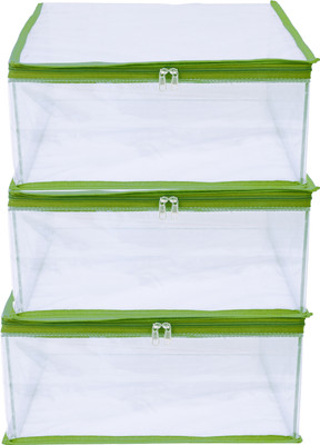 MBW green transparent Saree Cover Storage Bag Big for Clothes with Zip Organizer for Wardrobe, transparent Cloth Large Design Boxes for Blanket and Blouse (green)| (pack of 3) pack of 3 trans pink(Green)