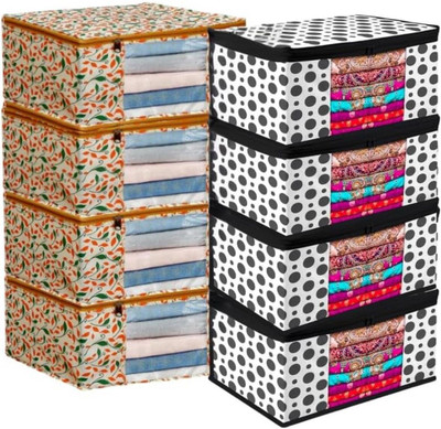 Aaliya Regular series saree cover Foldable Fabric Pack of 8 Organizer for Wardrobe and Multi Use FRT458(black bindi, pink flower)