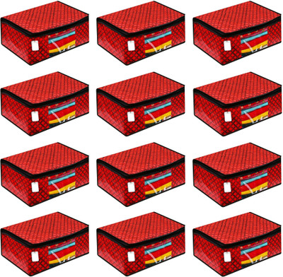 Sameer Enterprises Set of 12 Non Woven Fabric Saree Cover Red And Black Checks Printed Clothes Organizer For Wardrobe Set with Transparent Window (Red And Black) (Wedding Collection Gift) Premium Clothes Cover Garment (Pack of 12)(Red, Black)