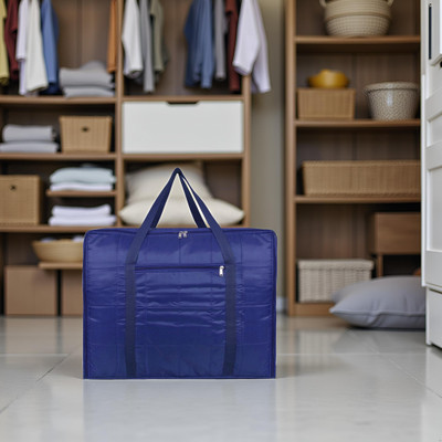 Ankit International Premium Satin Quilt Storage Bag for Blankets & Sarees | Large Foldable Organizer with Zip & Front Pocket | Travel Friendly | Pack of 01 AI-QSB-303(Blue)
