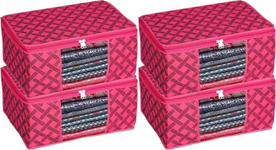Aaliya pink check , saree covers ( pack of 4 ) garments covers transparent window with zippers 7806(pink check)