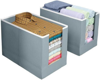 IMCREATIONS Pack of 2 Non-Woven Large Capacity Shirt Stacker Cloth Storage Foldable & Stackable Cupboard Wardrobe/Closet Organizer with Handle For T-shirts, Shirts and Clothes(Grey)