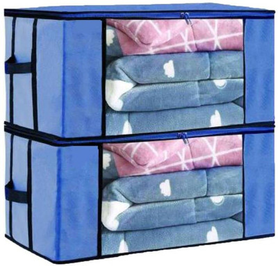 FIGMARFA 2 Pieces Foldable Non Woven Fabric Storage Bags with Transparent Window & Zip Closer Multipurpose Storage Organizers for Clothes, Sarees, Blankets, Quilts, Toys – Large Capacity Bags(Blue)