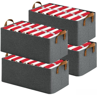 VRTREND 4 Pcs 26 Ltr Foldable Steel Frame Clothes Organizer Storage Box for Clothes Household Wardrobe Cloth Storage Box Steel Frame Support Closet Storage Bin Cover Boxes with Handles for Wardrobe Clothes, Sarees, Bed Sheet, Blanket(Grey)