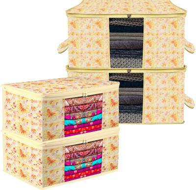 KUBER INDUSTRIES Saree & Underbed Storage Combo Red Flower 2 Pieces Saree|2 Pieces Underbed Storage Bag Combo Set|Setof 4|Ivory 75KM13649(Ivory)