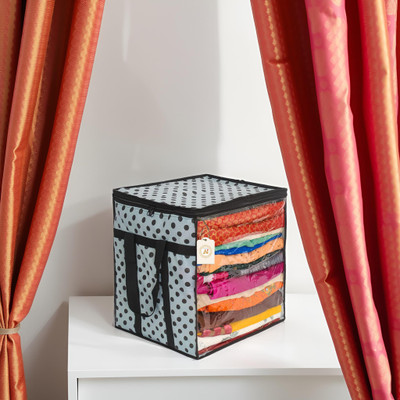 AMAK INC Polka Dot Non-Woven Saree Cover Storage Box with Transparent Window & Dual Zipper | Foldable Cloth Organizer for Wardrobe (90 GSM, Large, Pack of 1 SFXM208 Luggage Cover(Non-Woven Fabric (90 GSM), White, Black)