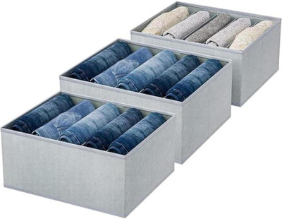 Tringe Foldable 7 Grids Cloth Storage Box | Wardrobe Organizer for Clothes, Shirts & Towels | Non Woven Fabric Storage Basket for Home & Closet Pack of 3(Grey)